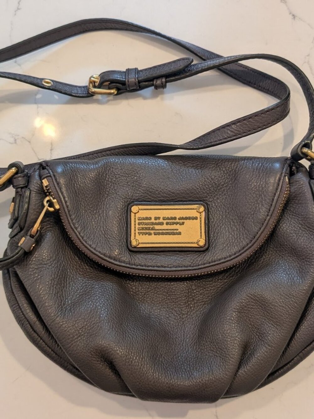 Marc by Marc Jacobs Dark Grey Pebbled Leather Natasha Crossbody w gold hardware